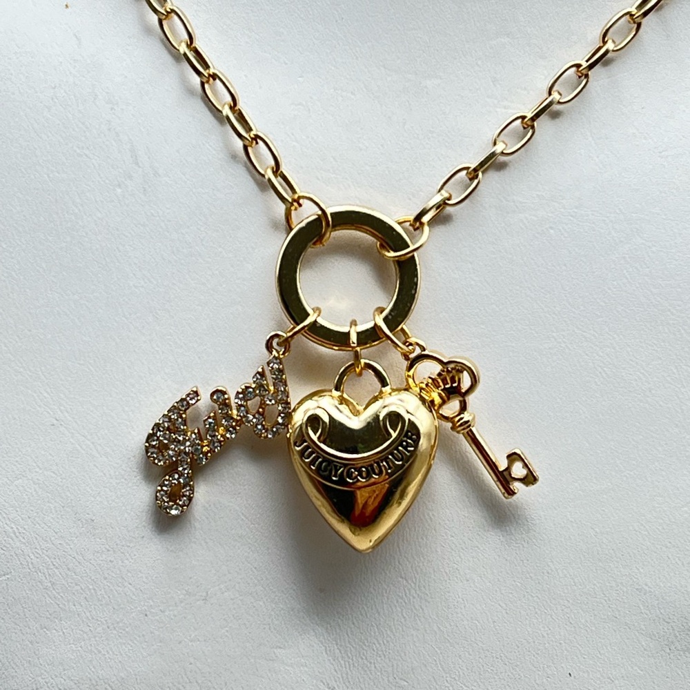Y2K Juicy Couture Gold Heart and Key Necklace-Heart, Lock,Key Rhinestone Sparkle